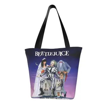 Újrahasznosítás Tim Burton Beetlejuice Horror Film Bevásárló Táska Női Váll Vászon Táska Hordozható Bevásárló Bevásárló Táskák